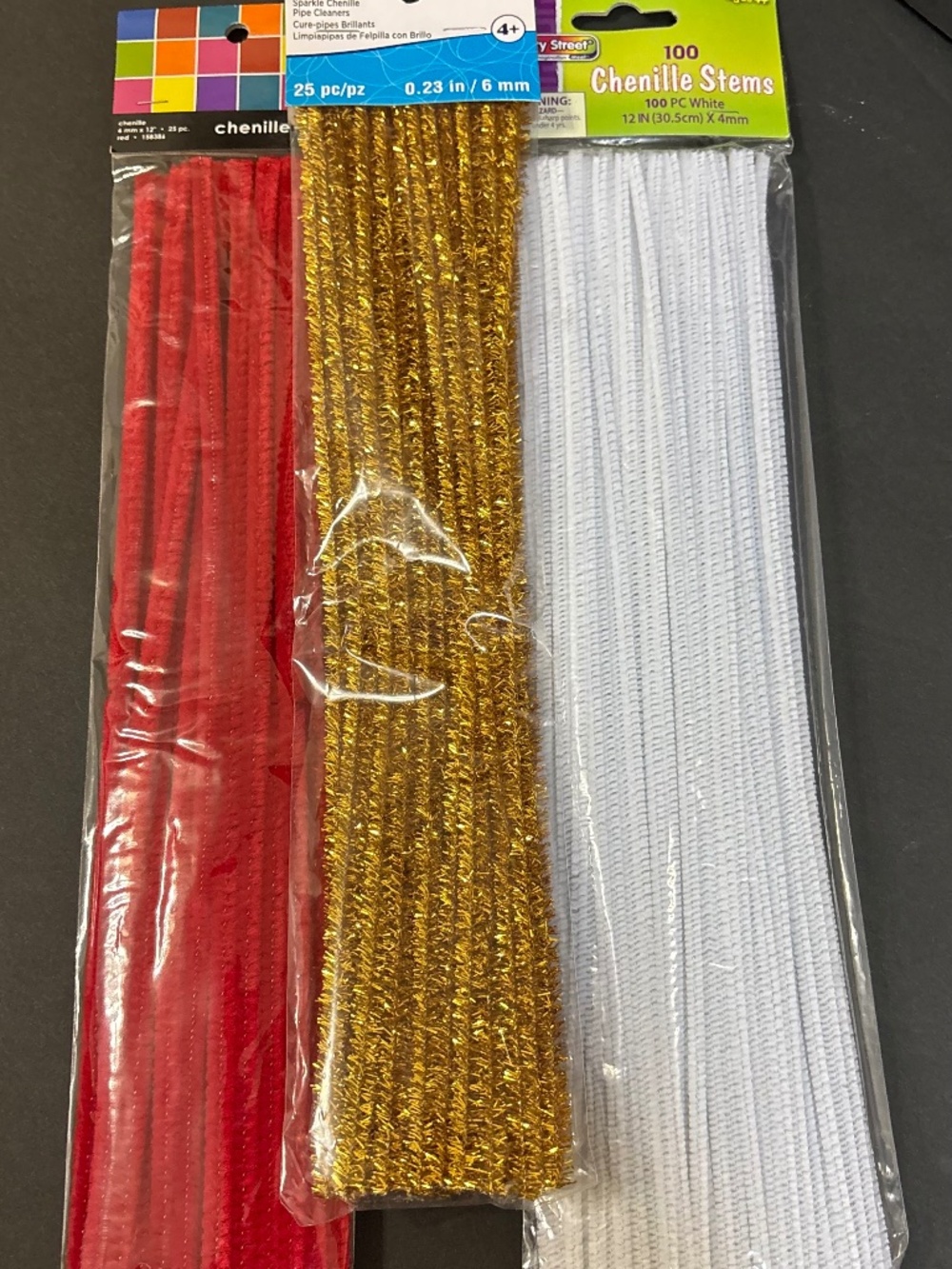 NEW Lot of Chenille Stems Red, White, and Sparkling Gold.